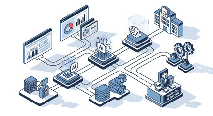 Fototapeta premium An intricate isometric illustration depicting a complex network of interconnected digital systems, AI, and data analytics, suggesting a sophisticated technological infrastructure.