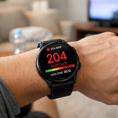 Fototapeta premium Man wearing fitness tracker on wrist showing high heart rate data during exercise indoors