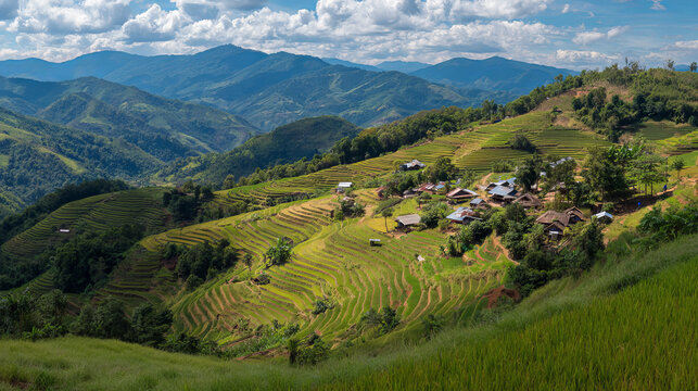 Landscape of Ban Pa Pong Piang rice terraces in Chiang Mai province of Thailand. The small hamlet of Ban Pa Pong Piang lost in the mountains of the Doi