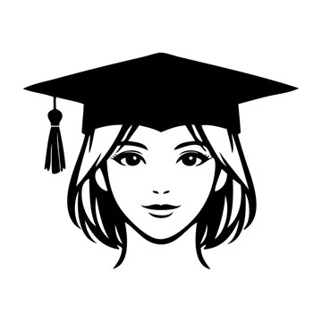 Logotipo con dibujo minimalista de una cara de chica joven con birrete negro de acto de graduaci&oacute;n, vista de frente 