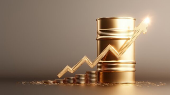 Golden oil barrel with upward arrow financial growth energy investment concept