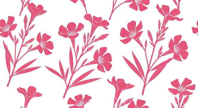 Pink oleander flowers seamless pattern on white background