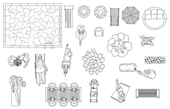 Top view outdoor park elements and people activities landscape plan vector set