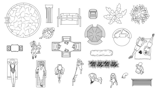 Top view garden furniture and outdoor leisure scenes vector landscape elements set