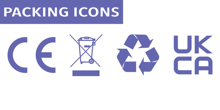 Product Packing Compliance Icons Set Including CE Mark, WEEE, Recycling, and UKCA Symbols for Regulatory Packaging Labels