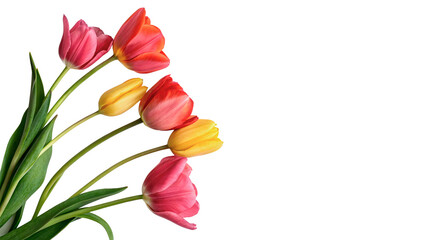 Colorful pink, red, and yellow tulips are standing upright with green leaves isolated on transparent background cut out © AAAstock2025