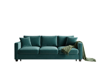 Fototapeta premium A contemporary three seater sofa upholstered in deep teal velvet fabric with a matching throw rug PNG isolated on transparent background