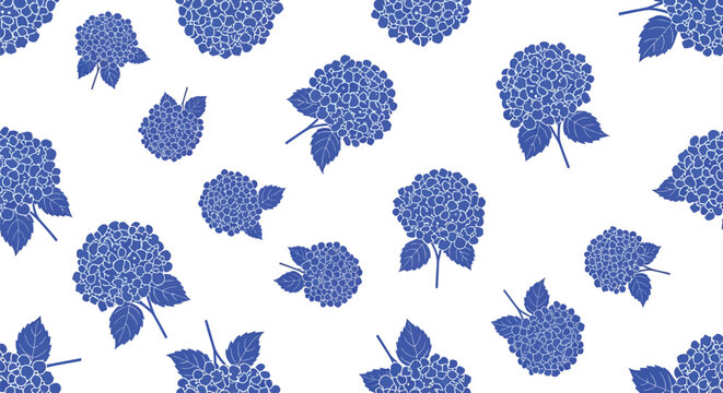 Blue hydrangea flowers pattern on white background, floral seamless texture for design