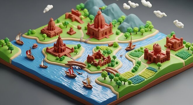 Isometric 3D Bengali Map with Traditional Temples and Rivers
