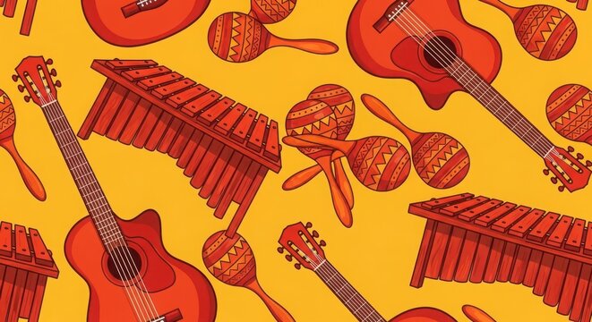 A close-up view of a yellow background with red musical instruments