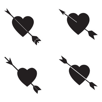 Black heart shapes with arrows through them in various orientations on white background  heart with arrow  love and passion symbol