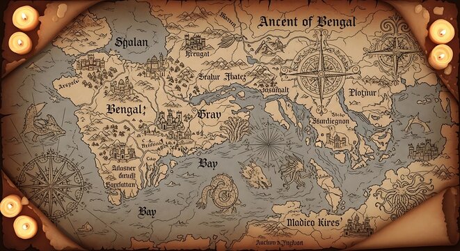 Vintage Fantasy Bengali map on Aged Parchment and Candles