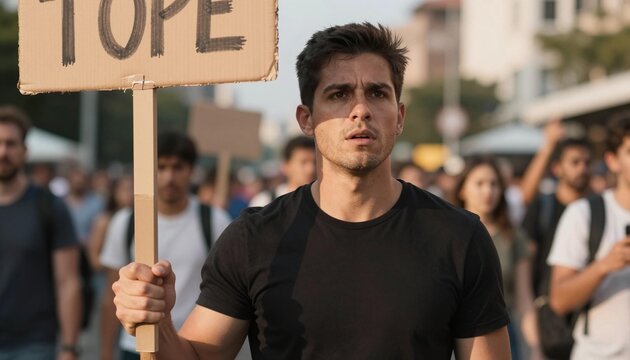 Young man in a black T-shirt holds a cardboard sign reading "TOPE" while leading a crowded outdoor protest march