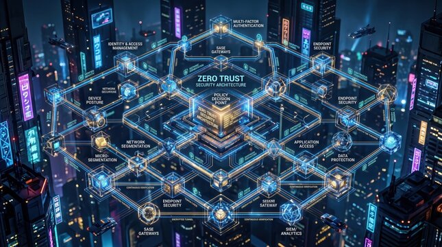Futuristic cityscape with glowing blue network diagram and zero trust cybersecurity concept at night