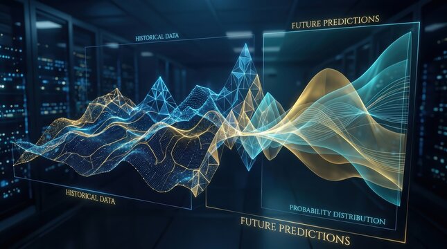 Futuristic data visualization with glowing blue and orange lines on a dark background with probability distribution and future predictions