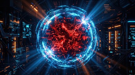 Obraz premium Glowing blue and red digital orb with circuit board details in a dark futuristic background with neon lights