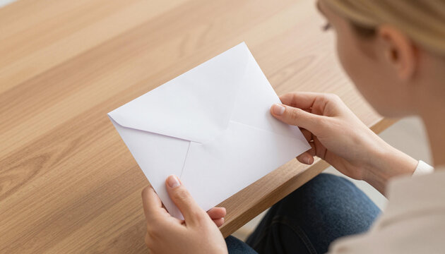 Close-up of hands holding a closed white envelope over a wooden table, ready to open