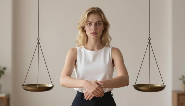 Blonde woman standing between hanging balance scales, a portrait symbolizing justice, legal equality, and impartial decision making
