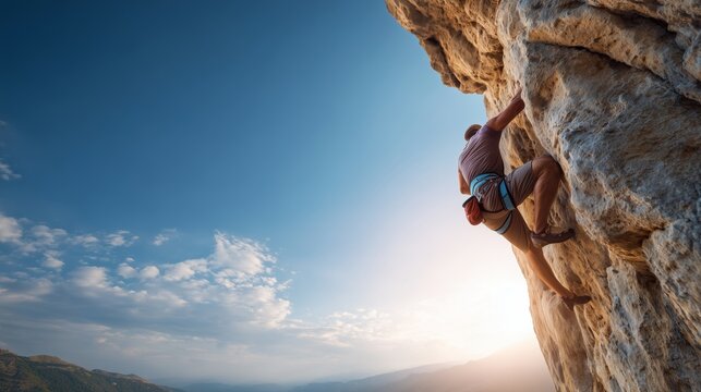 Climber scales rocky mountain under blue sky during late afternoon light in outdoor adventure setting
