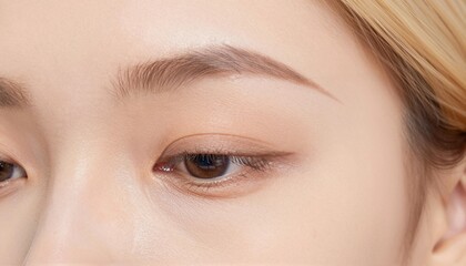 Naklejka premium Close-up of an eye and groomed eyebrow with natural makeup and smooth skin texture