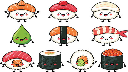 Cute Kawaii Sushi Characters Set with Funny Japanese Food Illustrations Including Nigiri Roll Wasabi and Salmon Cartoon Vector Collection. © MstSuborna