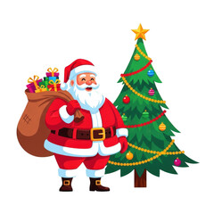 Fototapeta premium Santa claus standing beside a decorated christmas tree isolated on transparent background