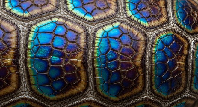 Close-up of colorful turtle shell with blue and purple scales pattern