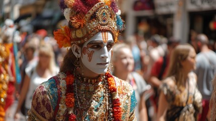 Fototapeta premium Cultural festival in a busy street with performers and spectators celebrating traditional art