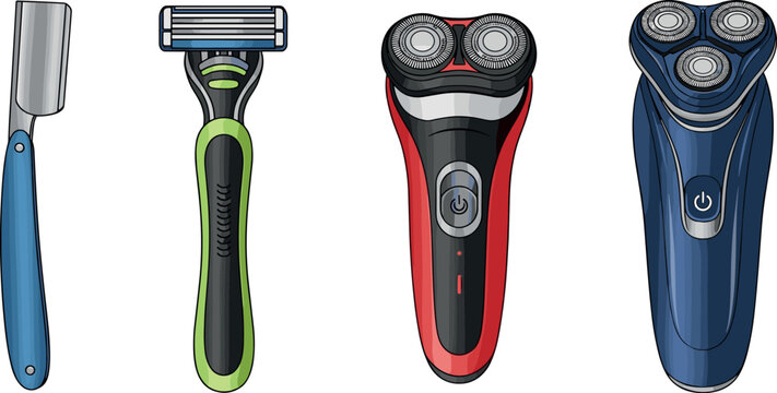 Electric and Manual Shaver Set in Various Designs for Grooming, Personal Care, and Shaving Illustration
