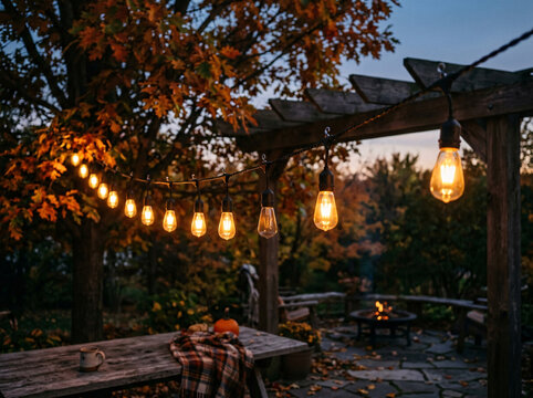 Warm string lights adorn a cozy outdoor patio at dusk with a fire pit and wooden furniture