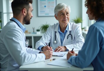 Obraz premium Doctor Writing Prescription with Patient Interaction On Clipboard Authentic Healthcare Scene