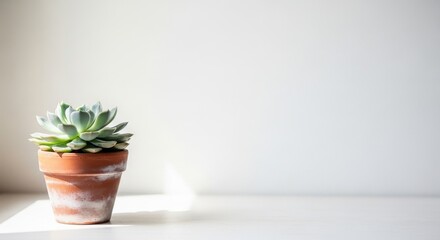 Fototapeta premium Small Succulent in Terracotta Pot Near a Sunlit Wall, Bringing a Touch of Nature, Calm, and Simple Green Life to a Minimal Modern Interior Space