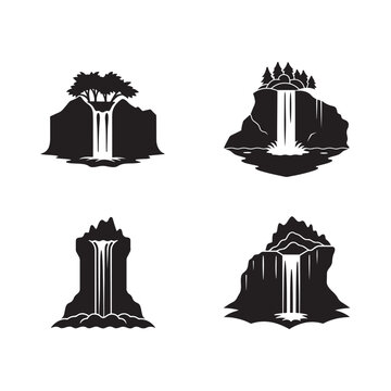 Four black and white silhouettes of waterfalls on cliffs with trees on top  isolated on white background
