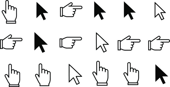 Collection of diverse computer cursors and hand pointing icons in black and white