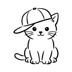 Logotipo con dibujo minimalista con líneas de un adorable  cachorro de gato sentado con una gorra  © teracreonte