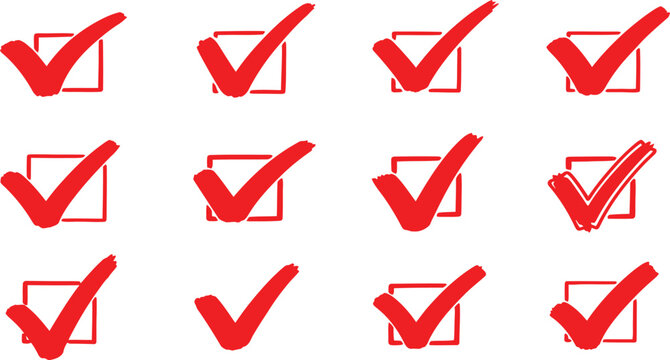 Collection of red checkmark icons in white squares representing completion or approval