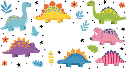 Cute Dinosaur Illustration Set with Colorful Cartoon Dinos, Stegosaurus, Brontosaurus, and Triceratops Characters for Kids Design, Nursery Art, Educational Materials, and Fun Prehistoric Themes. © MstSuborna