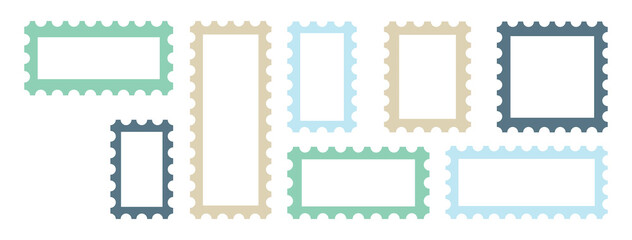 Obraz premium A collection of various rectangular postage stamps.Clean postage stamp template.Realistic trendy post stamps set of vector illustration.