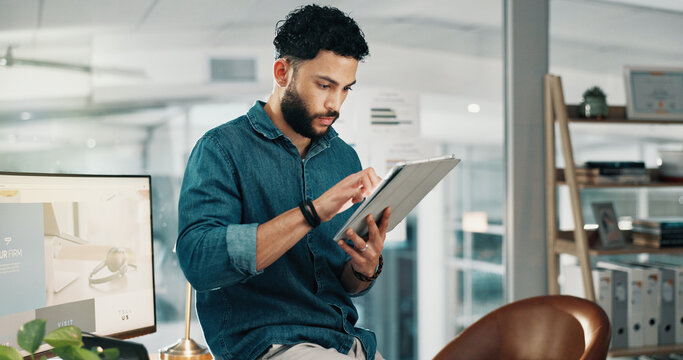 Journalism, scroll and tablet with business man in office for online magazine or proofreading article. App, editing and virtual publication with journalist at work for feedback research or review