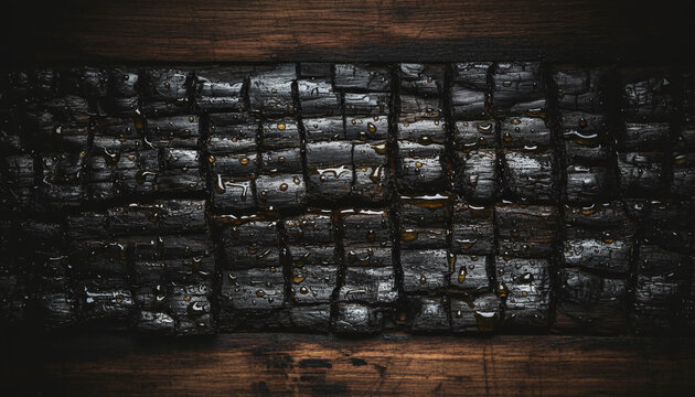 Alligator char oak whiskey barrel texture glistening with wet amber bourbon