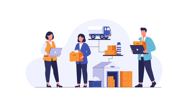 Professional logistics team managing warehouse operations and shipping processes. EPS Editable. Vector Illustrations.
