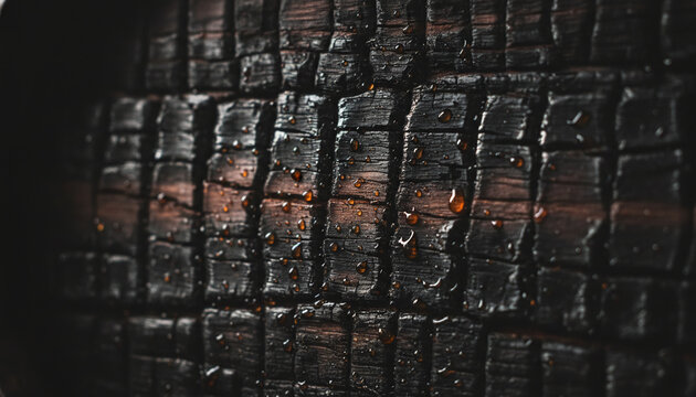 Alligator char oak whiskey barrel texture glistening with wet amber bourbon