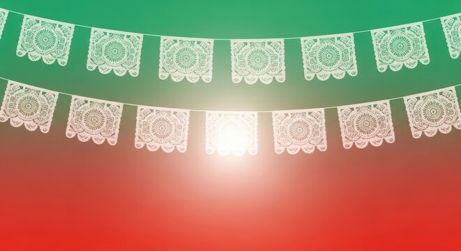 A close up of a banner with flags on a string