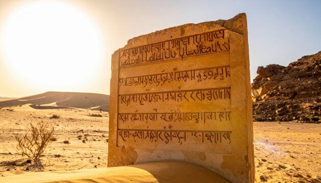 Ancient Indus Valley script carved into a weathered stone pillar in a desert setting under sunlight