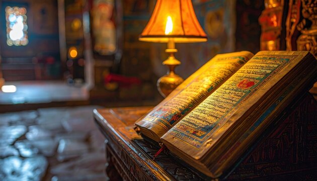 Antique Ethiopian Ge'ez illuminated manuscript with rich colorful illustrations, an ancient religious text on display