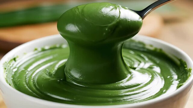 Close up of creamy green matcha spread being scooped with a spoon.