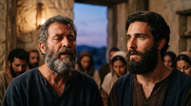 Apostles Peter and John praying with early believers after their interrogation. Biblical scene from Acts of the Apostles. Faithful men speaking to community about faith and gospel.