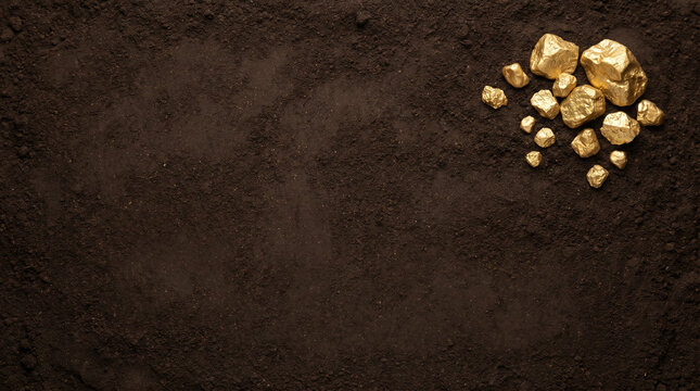 Minimal Soil Background with Scattered Gold Nuggets, Clean Composition, Copy Space, Abstract Natural Texture, Professional Studio Photography