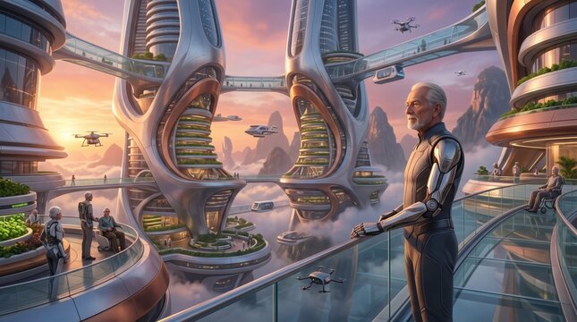 Ambiente Futuristico con Anziano Cyborg &ndash; Scena Sci‑Fi