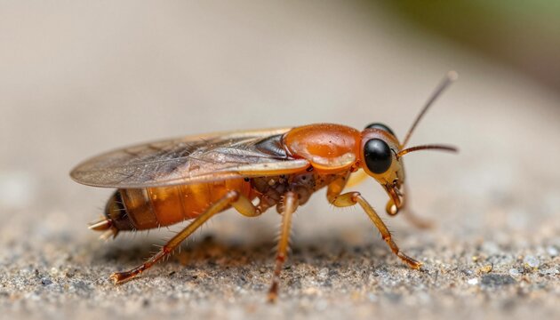 Macro close-up of an orange-brown winged termite alate on a textured ground surface, showing antennae, compound eye, legs and translucent wings